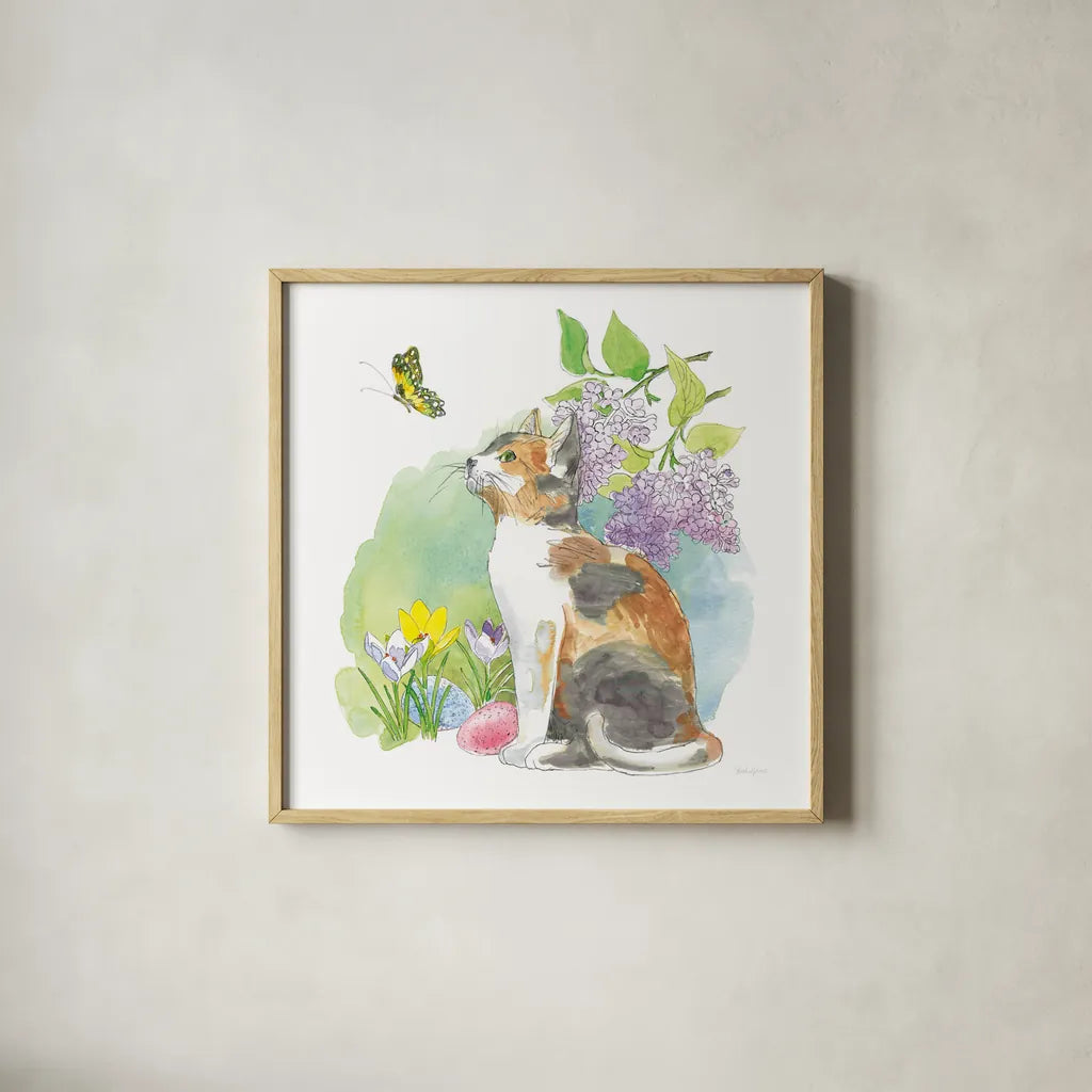 Easter Kitties II by Beth Grove. Shown in a natural wood glass frame for a timeless modern aesthetic. Available as an archival giclee rolled canvas, fine art paper, or poster print. SKU 40426a.