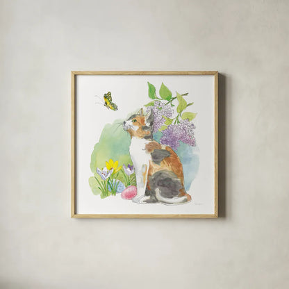 Easter Kitties II by Beth Grove. Shown in a natural wood glass frame for a timeless modern aesthetic. Available as an archival giclee rolled canvas, fine art paper, or poster print. SKU 40426a.