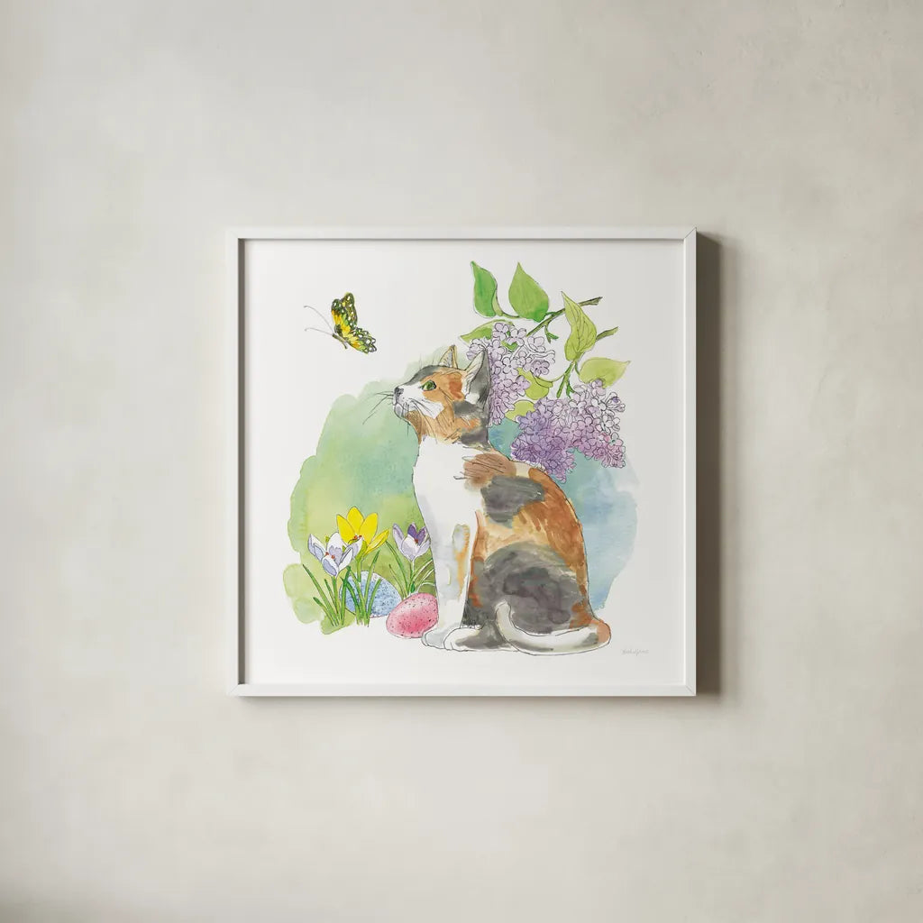 Easter Kitties II by Beth Grove. Shown in a crisp white glass frame for a clean and minimalist style. Available as an archival giclee rolled canvas, fine art paper, or poster print. SKU 40426a.