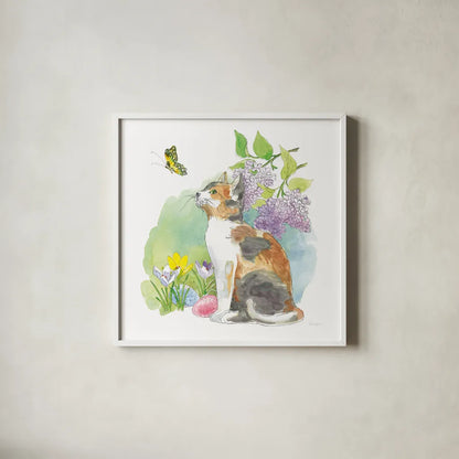 Easter Kitties II by Beth Grove. Shown in a crisp white glass frame for a clean and minimalist style. Available as an archival giclee rolled canvas, fine art paper, or poster print. SKU 40426a.
