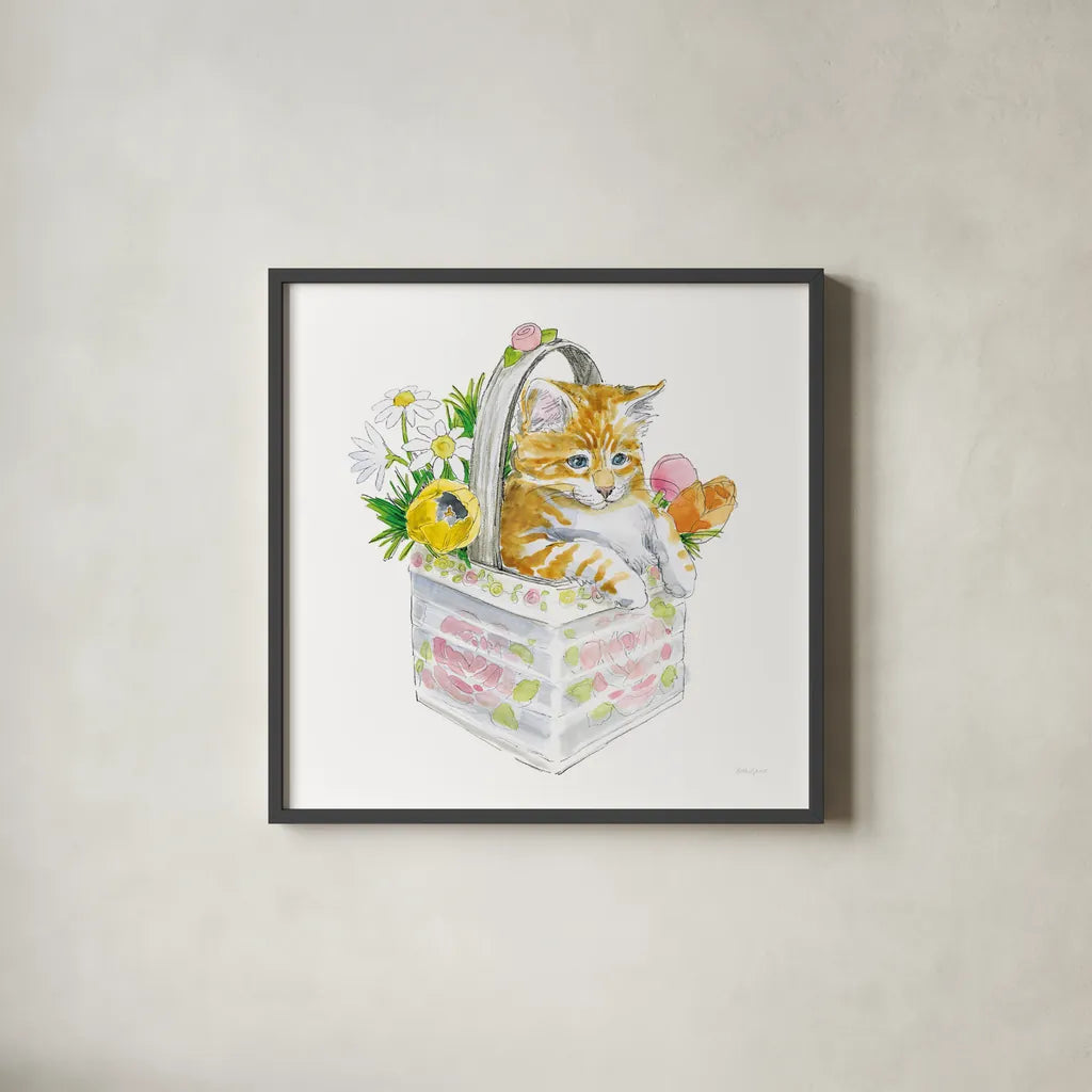 Easter Kitties IV by Beth Grove. Shown in a sleek black glass frame for a contemporary gallery look. Available as an archival giclee rolled canvas, fine art paper, or poster print. SKU 40428a.