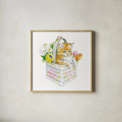 Easter Kitties IV by Beth Grove. Shown in a natural wood glass frame for a timeless modern aesthetic. Available as an archival giclee rolled canvas, fine art paper, or poster print. SKU 40428a.