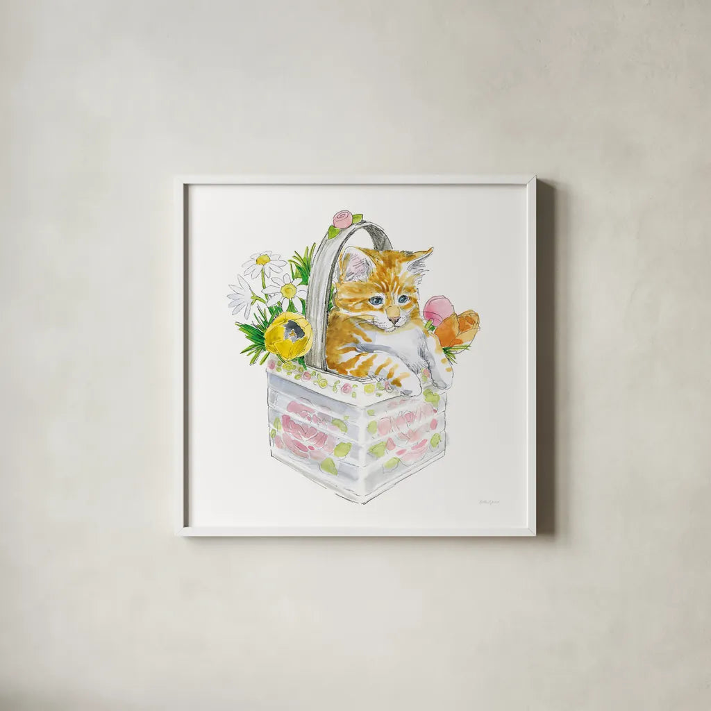 Easter Kitties IV by Beth Grove. Shown in a crisp white glass frame for a clean and minimalist style. Available as an archival giclee rolled canvas, fine art paper, or poster print. SKU 40428a.