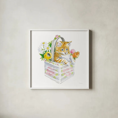 Easter Kitties IV by Beth Grove. Shown in a crisp white glass frame for a clean and minimalist style. Available as an archival giclee rolled canvas, fine art paper, or poster print. SKU 40428a.