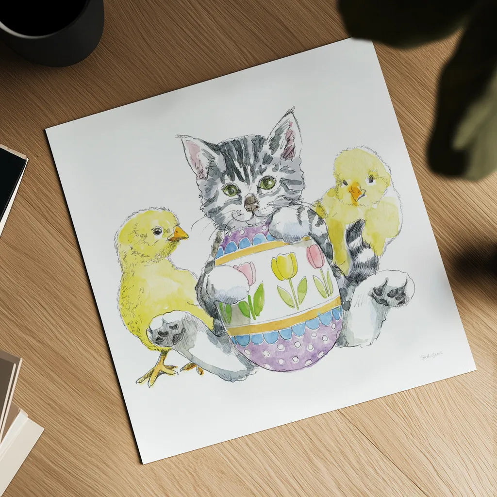 Easter Kitties V by Beth Grove. Shown as a detailed flat fine art print, highlighting archival giclee quality. Available as an archival giclee rolled canvas, fine art paper, or poster print. SKU 40429a.