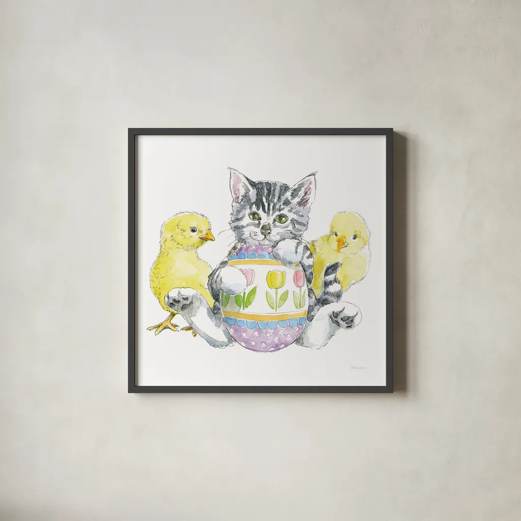Easter Kitties V by Beth Grove. Shown in a sleek black glass frame for a contemporary gallery look. Available as an archival giclee rolled canvas, fine art paper, or poster print. SKU 40429a.