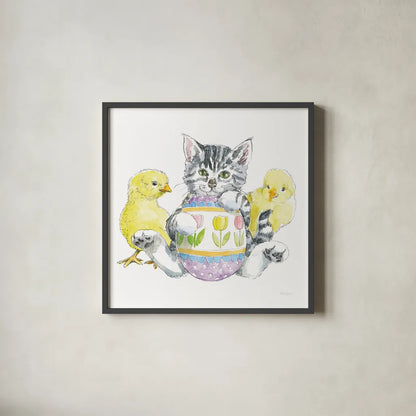Easter Kitties V by Beth Grove. Shown in a sleek black glass frame for a contemporary gallery look. Available as an archival giclee rolled canvas, fine art paper, or poster print. SKU 40429a.