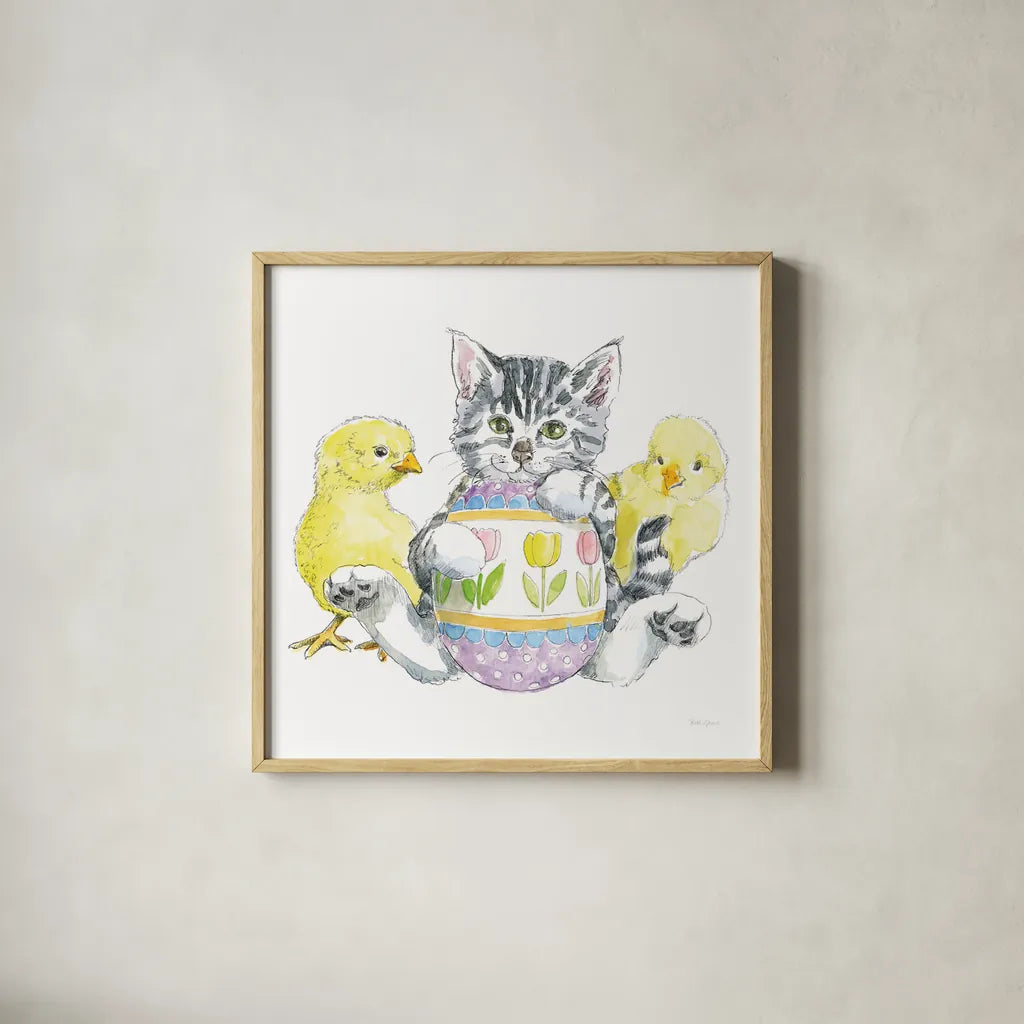 Easter Kitties V by Beth Grove. Shown in a natural wood glass frame for a timeless modern aesthetic. Available as an archival giclee rolled canvas, fine art paper, or poster print. SKU 40429a.