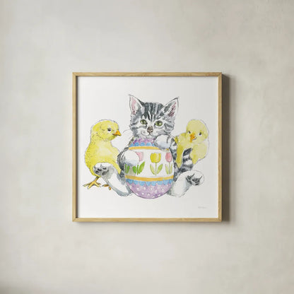 Easter Kitties V by Beth Grove. Shown in a natural wood glass frame for a timeless modern aesthetic. Available as an archival giclee rolled canvas, fine art paper, or poster print. SKU 40429a.