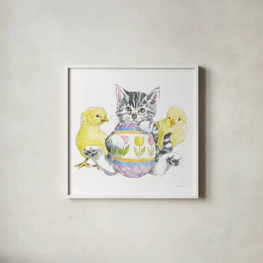 Easter Kitties V by Beth Grove. Shown in a crisp white glass frame for a clean and minimalist style. Available as an archival giclee rolled canvas, fine art paper, or poster print. SKU 40429a.