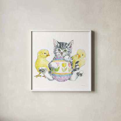 Easter Kitties V by Beth Grove. Shown in a crisp white glass frame for a clean and minimalist style. Available as an archival giclee rolled canvas, fine art paper, or poster print. SKU 40429a.