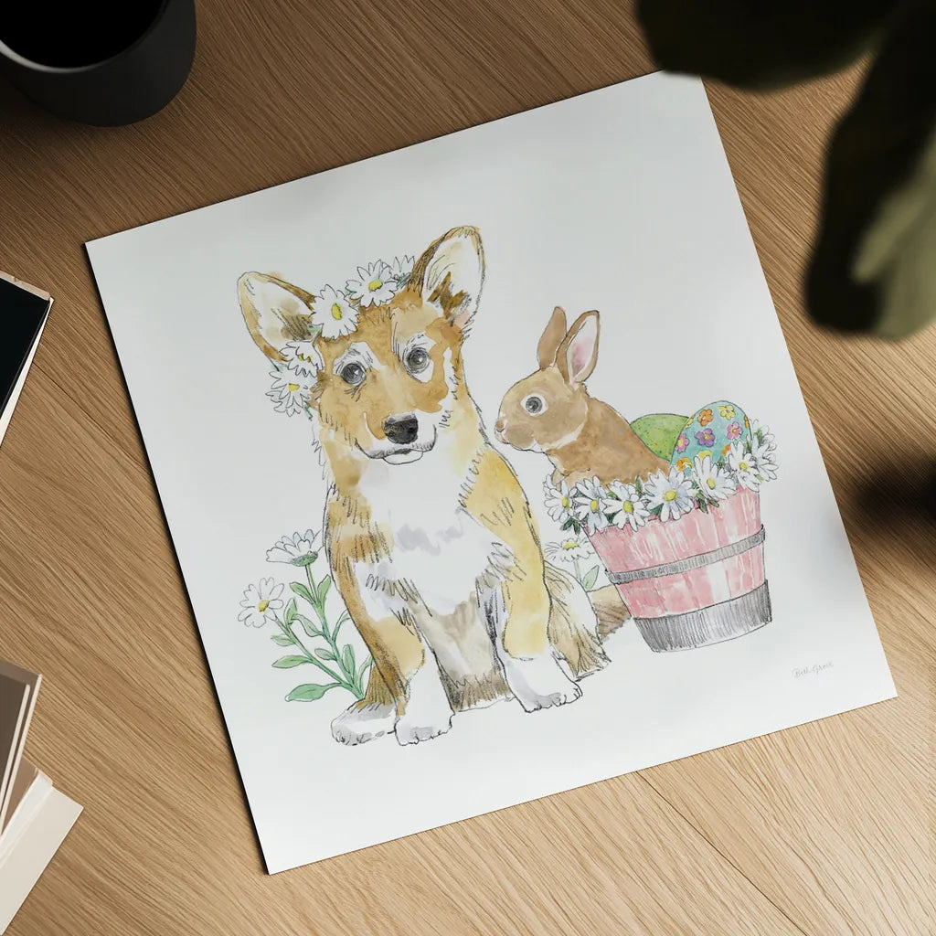 Easter Pups I by Beth Grove. Shown as a detailed flat fine art print, highlighting archival giclee quality. Available as an archival giclee rolled canvas, fine art paper, or poster print. SKU 35914a.