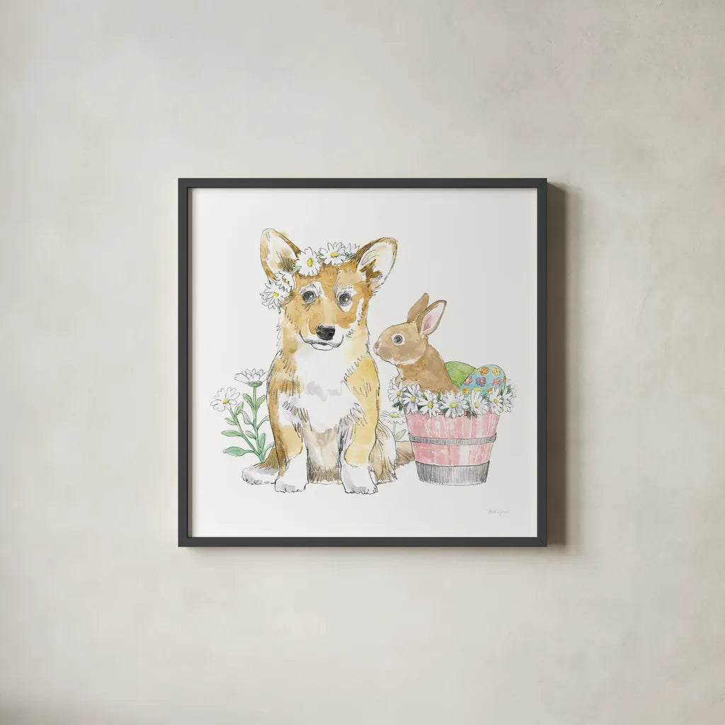 Easter Pups I by Beth Grove. Shown in a sleek black glass frame for a contemporary gallery look. Available as an archival giclee rolled canvas, fine art paper, or poster print. SKU 35914a.