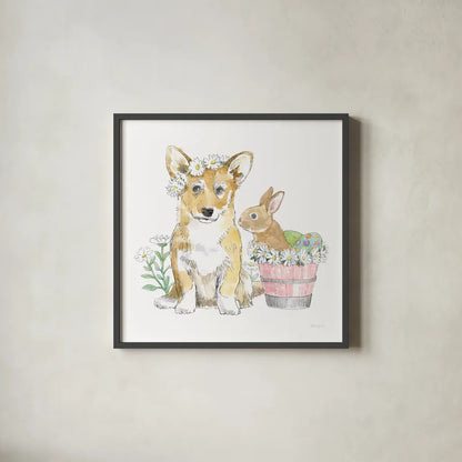 Easter Pups I by Beth Grove. Shown in a sleek black glass frame for a contemporary gallery look. Available as an archival giclee rolled canvas, fine art paper, or poster print. SKU 35914a.
