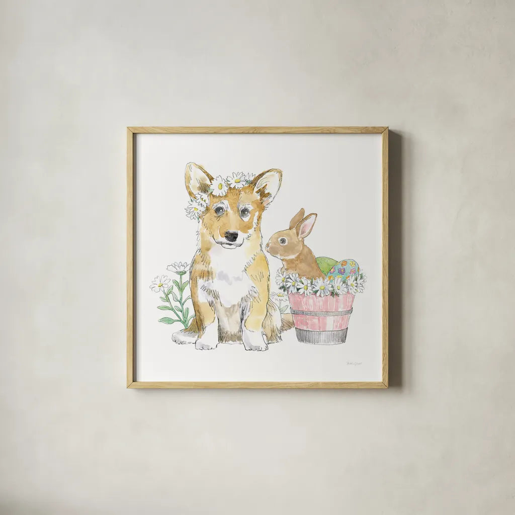 Easter Pups I by Beth Grove. Shown in a natural wood glass frame for a timeless modern aesthetic. Available as an archival giclee rolled canvas, fine art paper, or poster print. SKU 35914a.