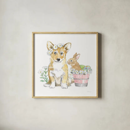 Easter Pups I by Beth Grove. Shown in a natural wood glass frame for a timeless modern aesthetic. Available as an archival giclee rolled canvas, fine art paper, or poster print. SKU 35914a.