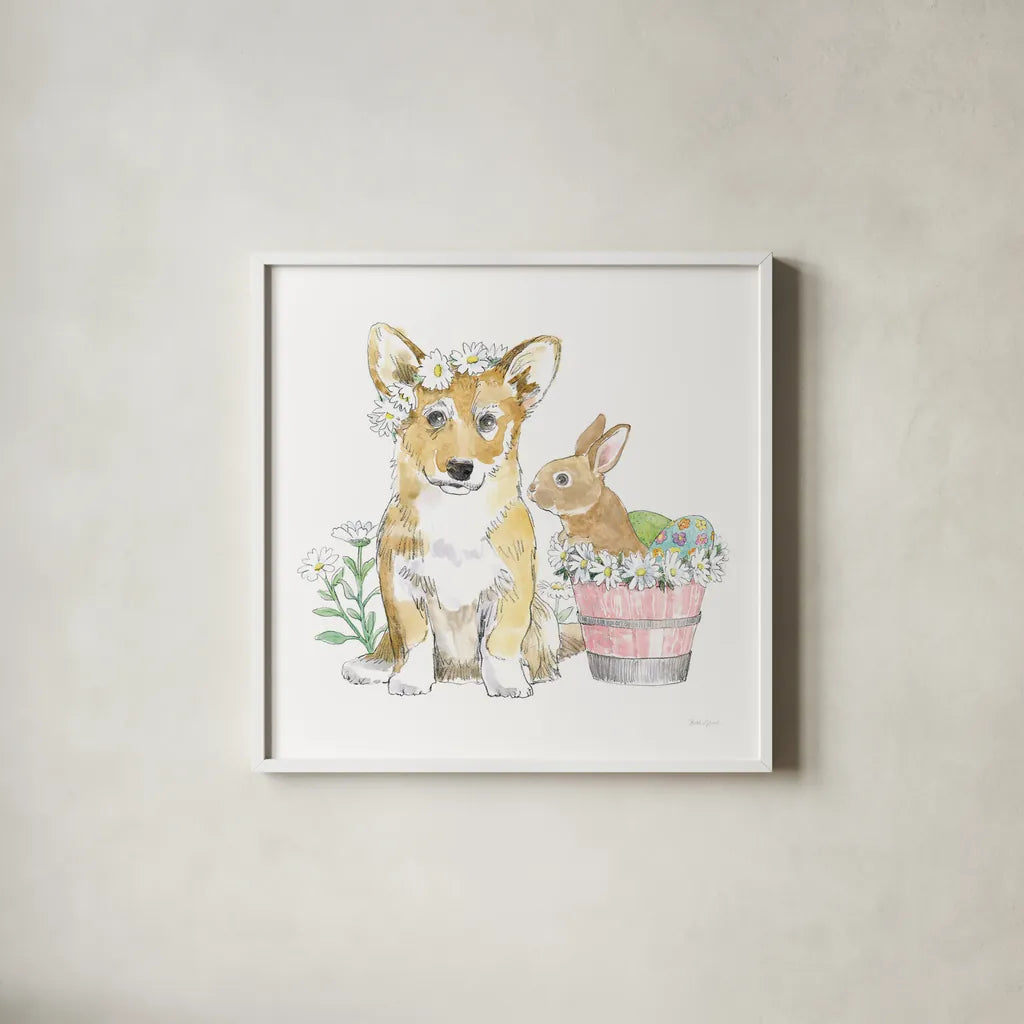 Easter Pups I by Beth Grove. Shown in a crisp white glass frame for a clean and minimalist style. Available as an archival giclee rolled canvas, fine art paper, or poster print. SKU 35914a.