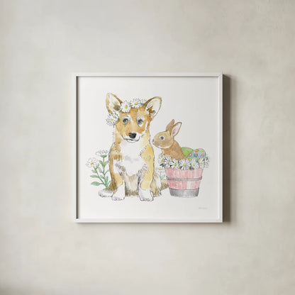 Easter Pups I by Beth Grove. Shown in a crisp white glass frame for a clean and minimalist style. Available as an archival giclee rolled canvas, fine art paper, or poster print. SKU 35914a.