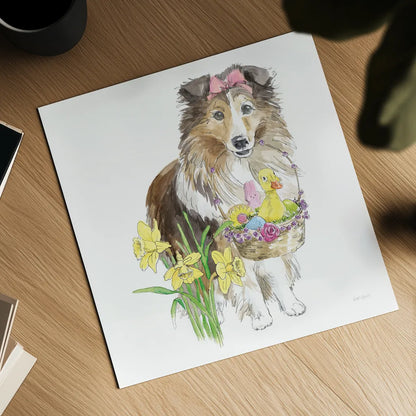 Easter Pups II by Beth Grove. Shown as a detailed flat fine art print, highlighting archival giclee quality. Available as an archival giclee rolled canvas, fine art paper, or poster print. SKU 35915a.