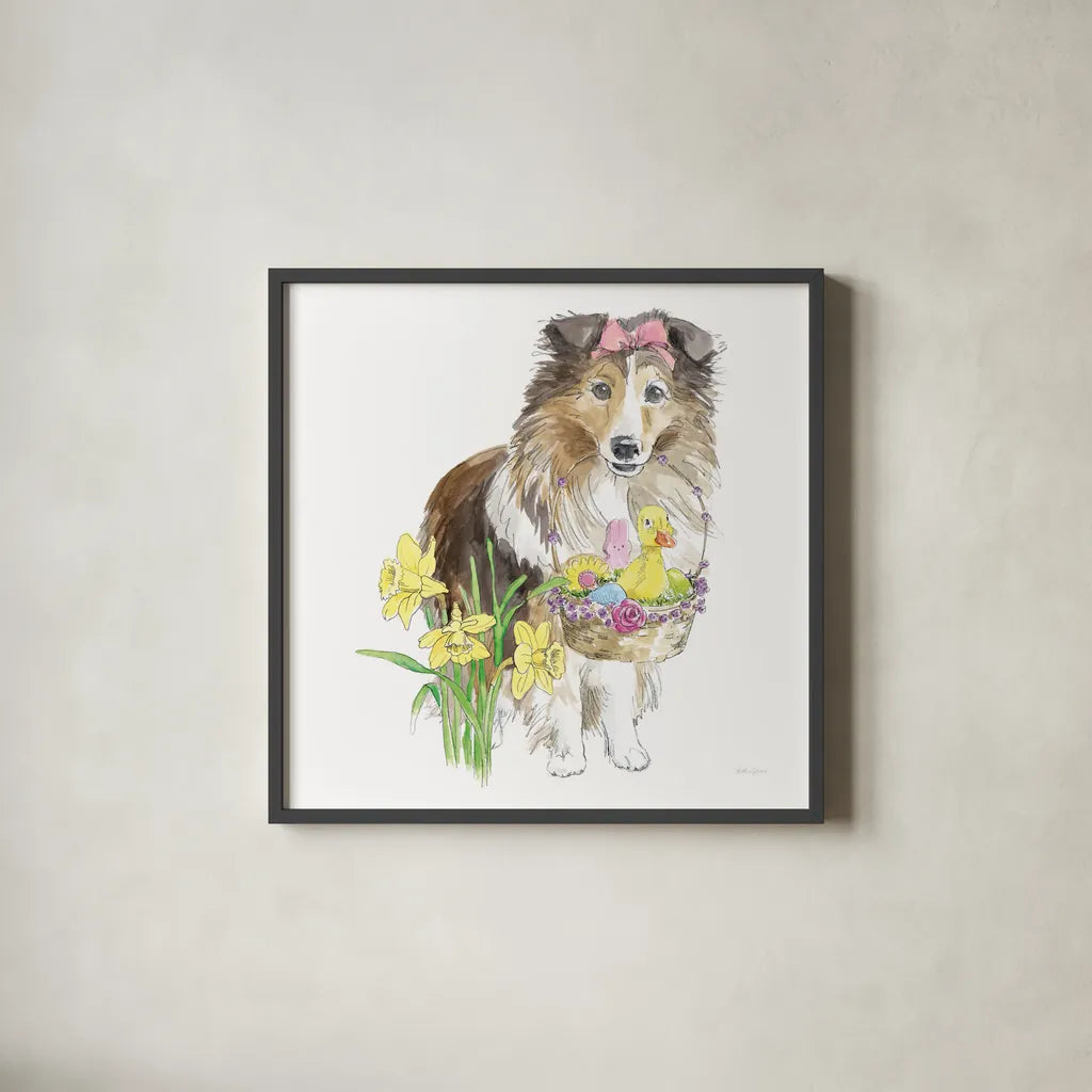 Easter Pups II by Beth Grove. Shown in a sleek black glass frame for a contemporary gallery look. Available as an archival giclee rolled canvas, fine art paper, or poster print. SKU 35915a.
