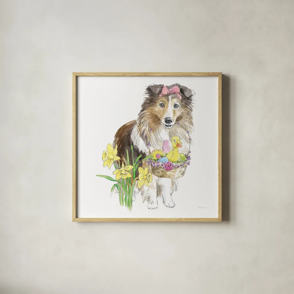 Easter Pups II by Beth Grove. Shown in a natural wood glass frame for a timeless modern aesthetic. Available as an archival giclee rolled canvas, fine art paper, or poster print. SKU 35915a.