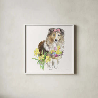Easter Pups II by Beth Grove. Shown in a crisp white glass frame for a clean and minimalist style. Available as an archival giclee rolled canvas, fine art paper, or poster print. SKU 35915a.