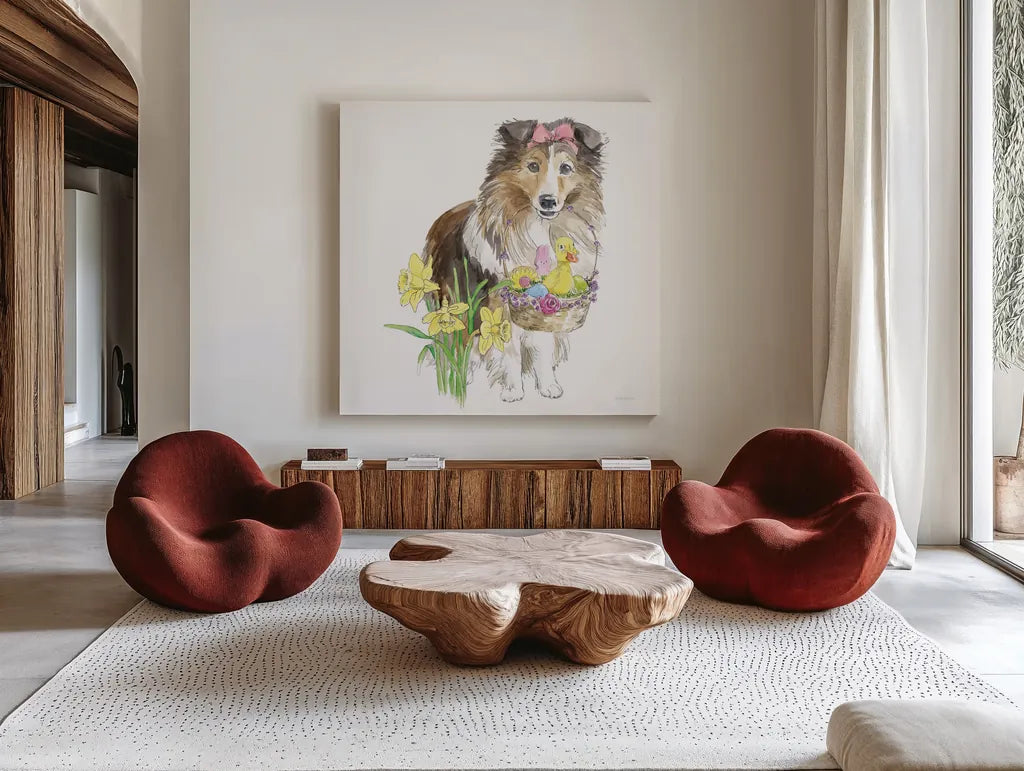 Easter Pups II by Beth Grove. Shown as extra-large giant wall art in a modern living room. Available as an archival giclee rolled canvas, fine art paper, or poster print. SKU 35915a.