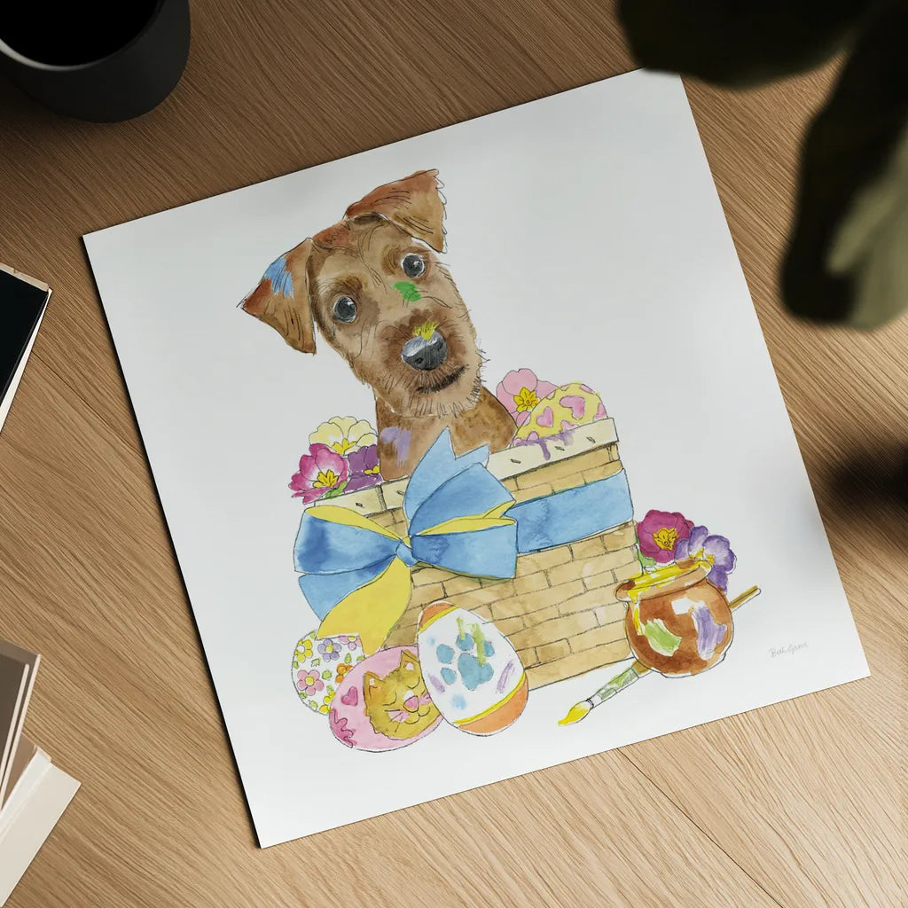 Easter Pups III by Beth Grove. Shown as a detailed flat fine art print, highlighting archival giclee quality. Available as an archival giclee rolled canvas, fine art paper, or poster print. SKU 35916a.