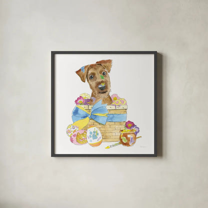 Easter Pups III by Beth Grove. Shown in a sleek black glass frame for a contemporary gallery look. Available as an archival giclee rolled canvas, fine art paper, or poster print. SKU 35916a.