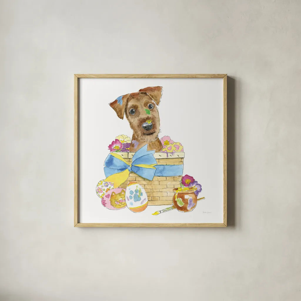 Easter Pups III by Beth Grove. Shown in a natural wood glass frame for a timeless modern aesthetic. Available as an archival giclee rolled canvas, fine art paper, or poster print. SKU 35916a.
