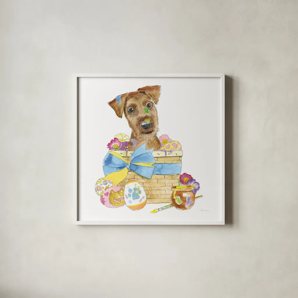 Easter Pups III by Beth Grove. Shown in a crisp white glass frame for a clean and minimalist style. Available as an archival giclee rolled canvas, fine art paper, or poster print. SKU 35916a.