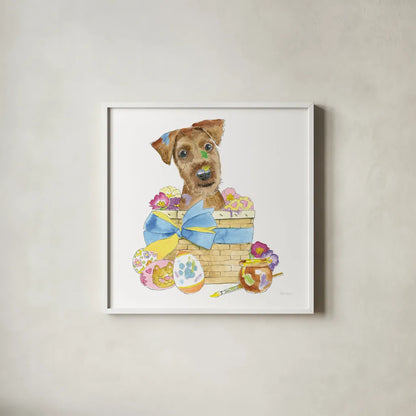 Easter Pups III by Beth Grove. Shown in a crisp white glass frame for a clean and minimalist style. Available as an archival giclee rolled canvas, fine art paper, or poster print. SKU 35916a.