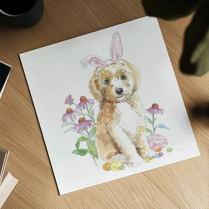 Easter Pups IV by Beth Grove. Shown as a detailed flat fine art print, highlighting archival giclee quality. Available as an archival giclee rolled canvas, fine art paper, or poster print. SKU 35917a.
