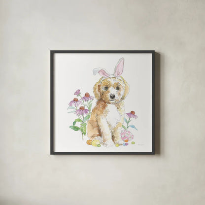Easter Pups IV by Beth Grove. Shown in a sleek black glass frame for a contemporary gallery look. Available as an archival giclee rolled canvas, fine art paper, or poster print. SKU 35917a.