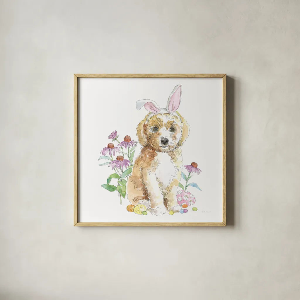 Easter Pups IV by Beth Grove. Shown in a natural wood glass frame for a timeless modern aesthetic. Available as an archival giclee rolled canvas, fine art paper, or poster print. SKU 35917a.