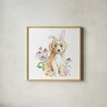 Easter Pups IV by Beth Grove. Shown in a natural wood glass frame for a timeless modern aesthetic. Available as an archival giclee rolled canvas, fine art paper, or poster print. SKU 35917a.