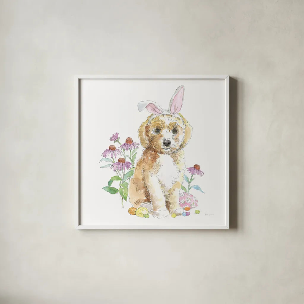 Easter Pups IV by Beth Grove. Shown in a crisp white glass frame for a clean and minimalist style. Available as an archival giclee rolled canvas, fine art paper, or poster print. SKU 35917a.