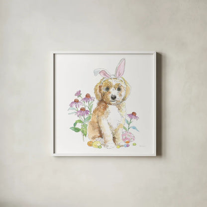 Easter Pups IV by Beth Grove. Shown in a crisp white glass frame for a clean and minimalist style. Available as an archival giclee rolled canvas, fine art paper, or poster print. SKU 35917a.