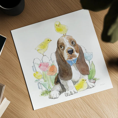 Easter Pups V by Beth Grove. Shown as a detailed flat fine art print, highlighting archival giclee quality. Available as an archival giclee rolled canvas, fine art paper, or poster print. SKU 35918a.