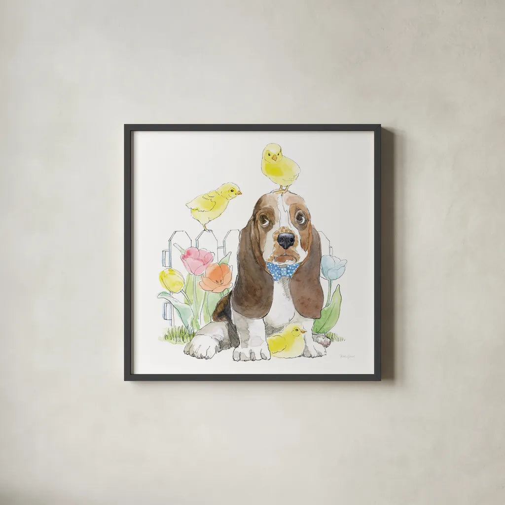 Easter Pups V by Beth Grove. Shown in a sleek black glass frame for a contemporary gallery look. Available as an archival giclee rolled canvas, fine art paper, or poster print. SKU 35918a.