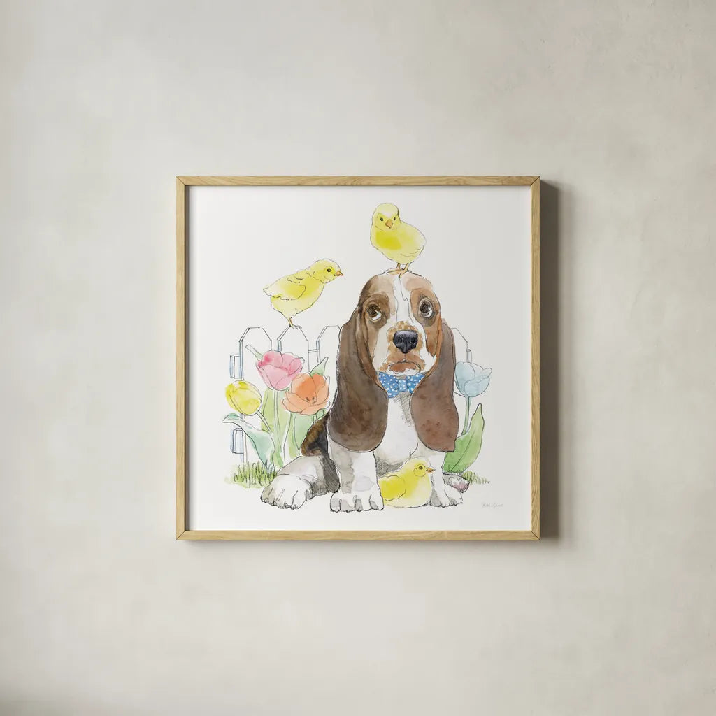 Easter Pups V by Beth Grove. Shown in a natural wood glass frame for a timeless modern aesthetic. Available as an archival giclee rolled canvas, fine art paper, or poster print. SKU 35918a.