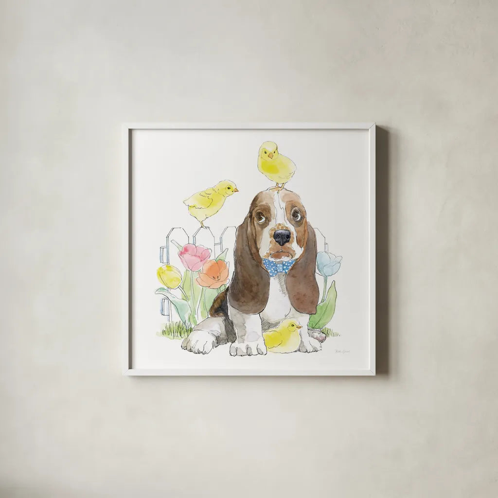 Easter Pups V by Beth Grove. Shown in a crisp white glass frame for a clean and minimalist style. Available as an archival giclee rolled canvas, fine art paper, or poster print. SKU 35918a.