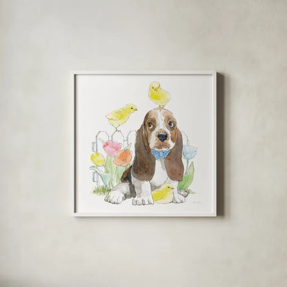 Easter Pups V by Beth Grove. Shown in a crisp white glass frame for a clean and minimalist style. Available as an archival giclee rolled canvas, fine art paper, or poster print. SKU 35918a.