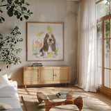 Easter Pups V by Beth Grove. Shown in a natural wood frame in a cozy modern living room. Available as an archival giclee rolled canvas, fine art paper, or poster print. SKU 35918a.