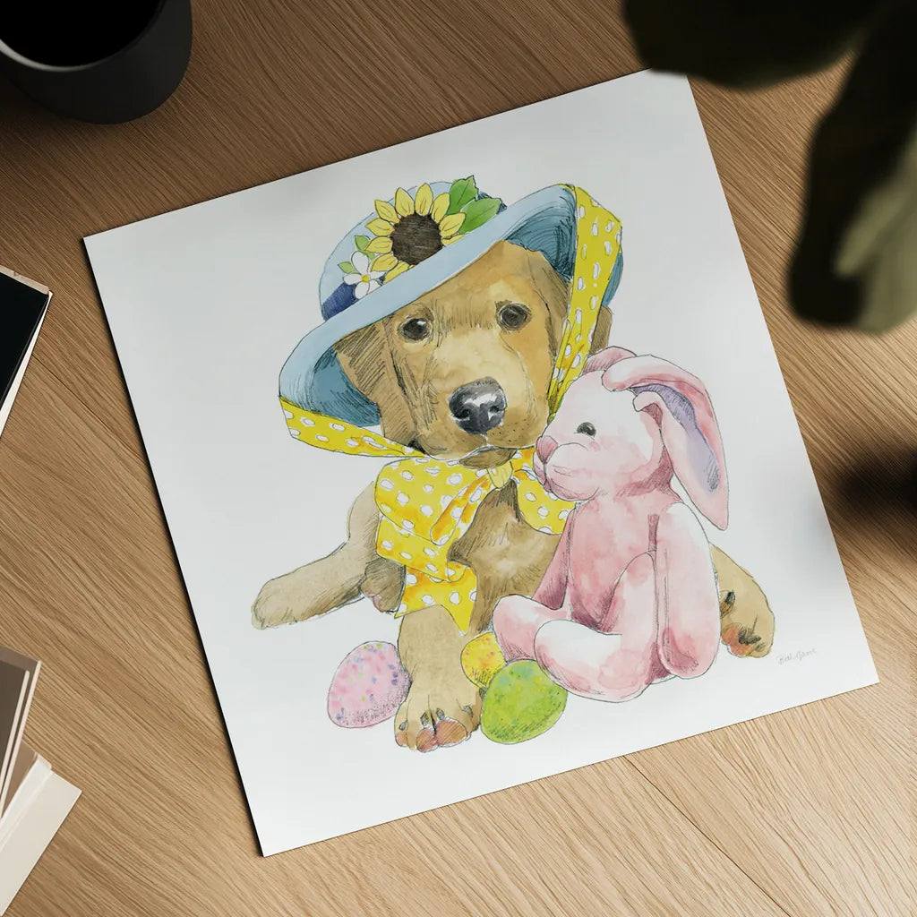 Easter Pups VI by Beth Grove. Shown as a detailed flat fine art print, highlighting archival giclee quality. Available as an archival giclee rolled canvas, fine art paper, or poster print. SKU 35919a.