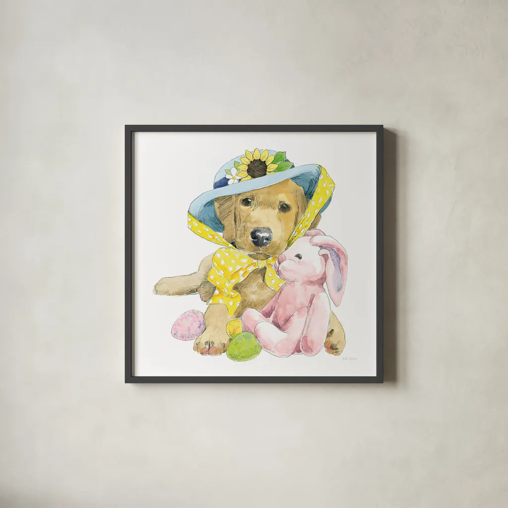 Easter Pups VI by Beth Grove. Shown in a sleek black glass frame for a contemporary gallery look. Available as an archival giclee rolled canvas, fine art paper, or poster print. SKU 35919a.