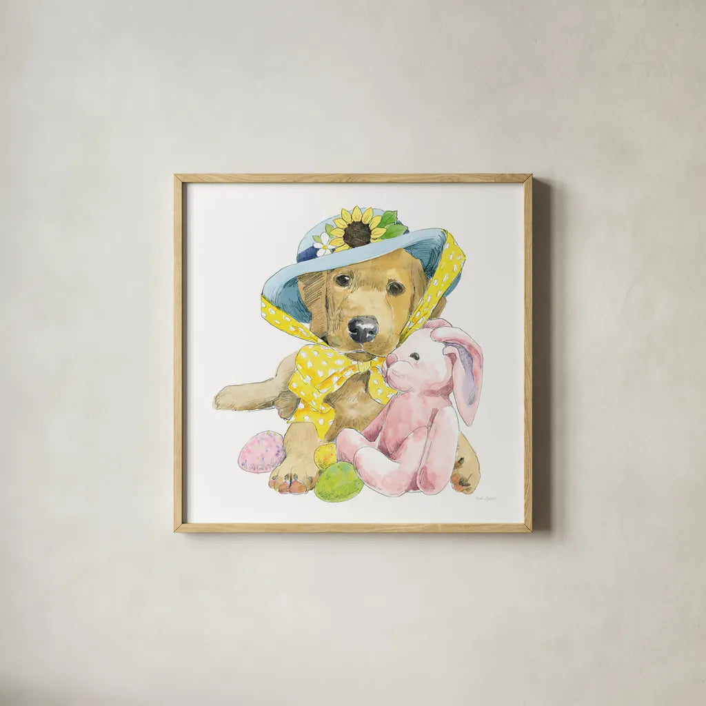 Easter Pups VI by Beth Grove. Shown in a natural wood glass frame for a timeless modern aesthetic. Available as an archival giclee rolled canvas, fine art paper, or poster print. SKU 35919a.