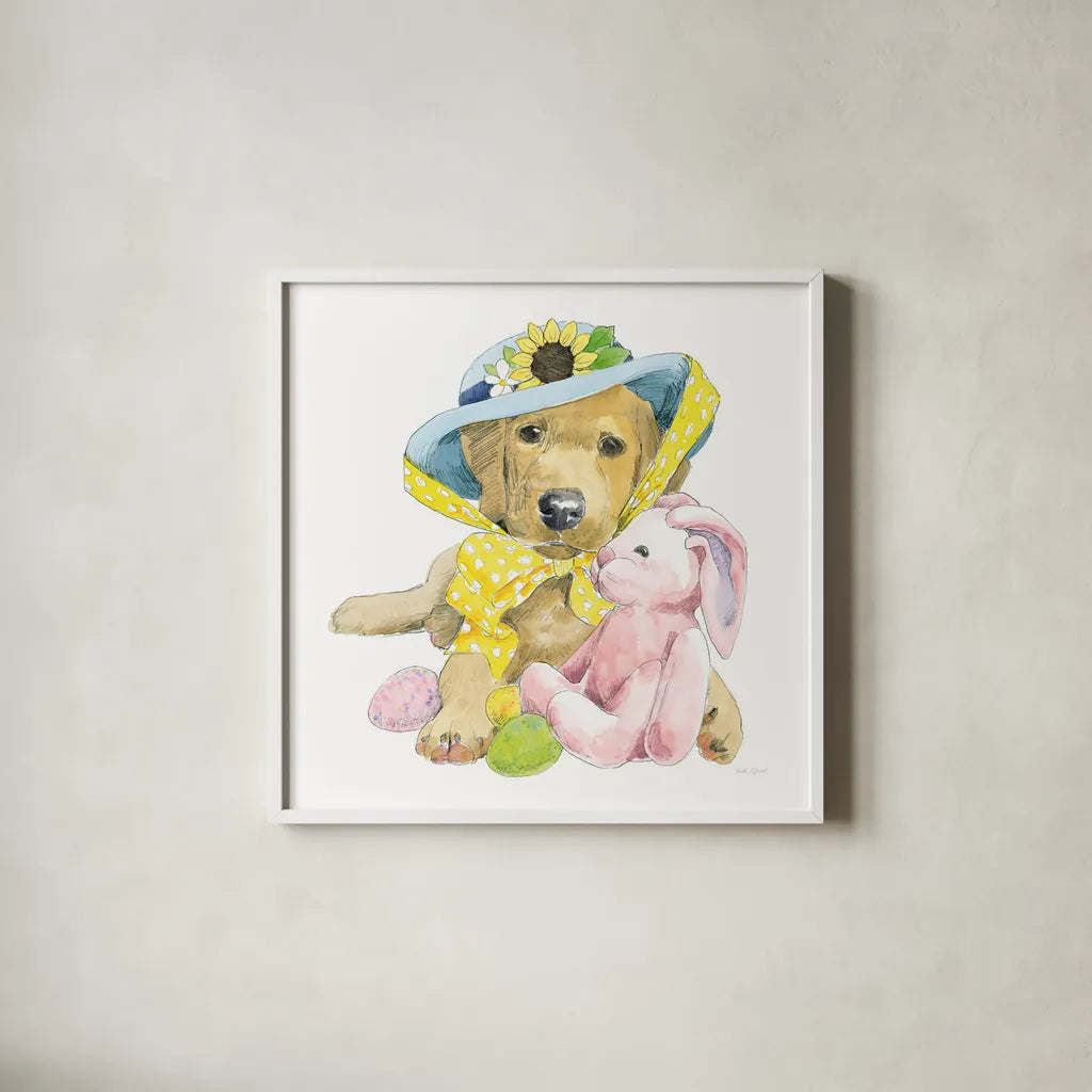 Easter Pups VI by Beth Grove. Shown in a crisp white glass frame for a clean and minimalist style. Available as an archival giclee rolled canvas, fine art paper, or poster print. SKU 35919a.