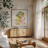 Easter Pups VI by Beth Grove. Shown in a natural wood frame in a cozy modern living room. Available as an archival giclee rolled canvas, fine art paper, or poster print. SKU 35919a.