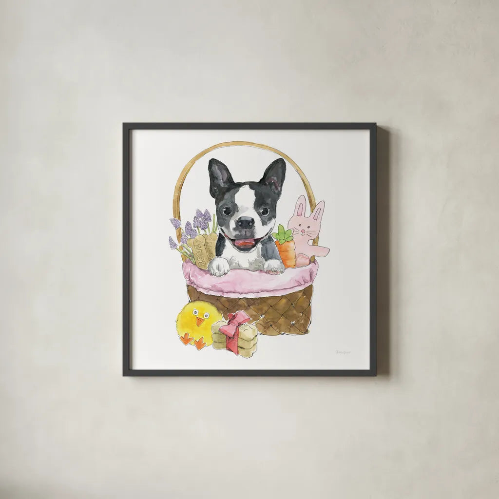 Easter Pups VII by Beth Grove. Shown in a sleek black glass frame for a contemporary gallery look. Available as an archival giclee rolled canvas, fine art paper, or poster print. SKU 35920a.